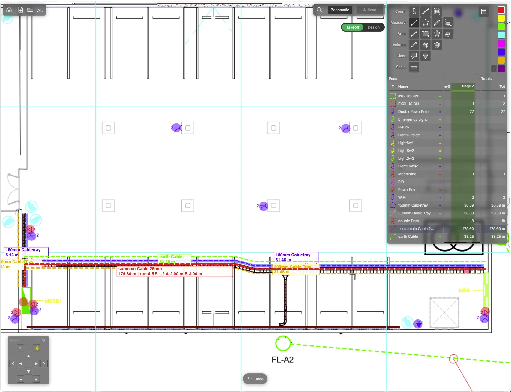 QuoteSlayer with a warehouse plan open: cable tray and submain runs measured on the drawing, with the pen list showing counts and lengths per page