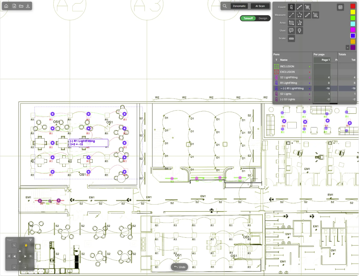 RE-Version: an office plan in QuoteSlayer where a revised area has been repriced, showing negative pen quantities of minus nineteen R1 light fittings and minus two S2 lights
