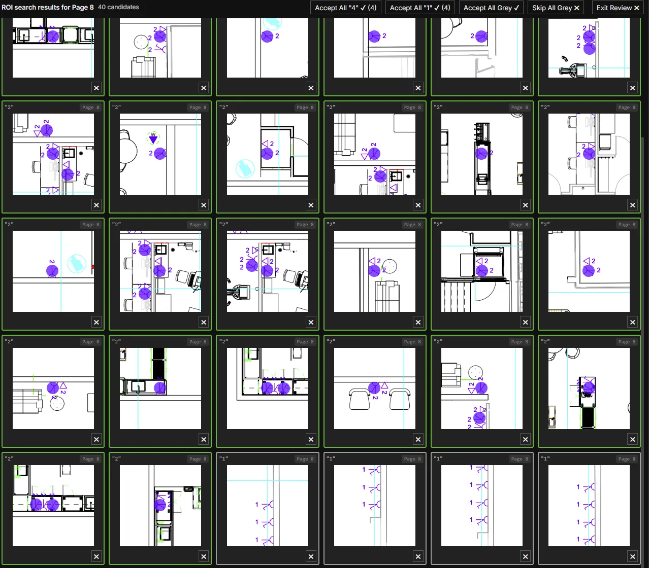Symbol Slayer review grid: candidate symbols shown as tiles, each outlined in its confidence colour, with bulk accept controls